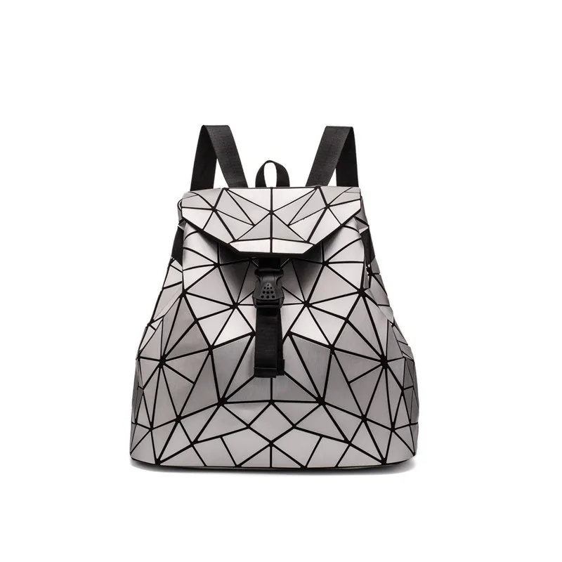 Holographic backpack bold geometric design color-shifting finish spacious interior top flap closure