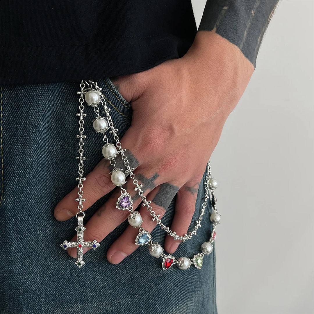 Layered faux pearl enamel heart wallet chain with cross charm, 18.5-inch bold statement accessory