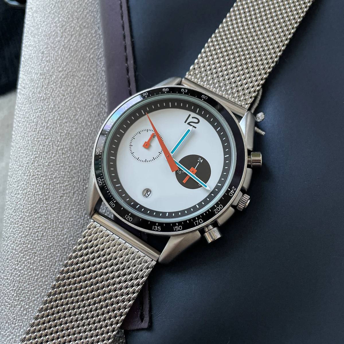 Subdial chronograph watch bold color accents multi-layered dial 24-hour sub-dial design enthusiasts