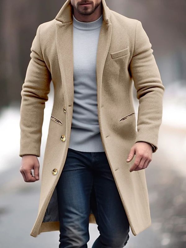 Men's long structured winter coat with classic button closure in timeless office-ready tailored fit