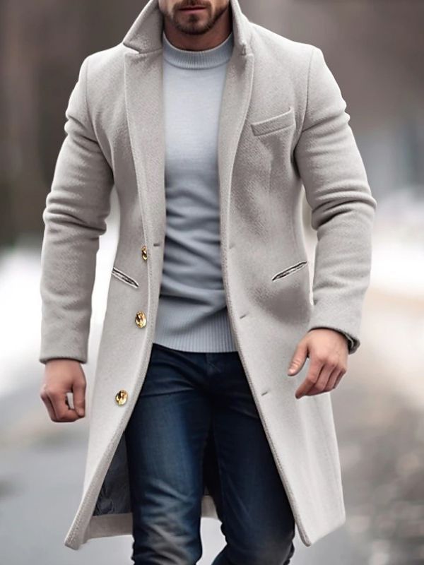 Men's long winter coat structured fit single-breasted button closure office-ready tailored jacket