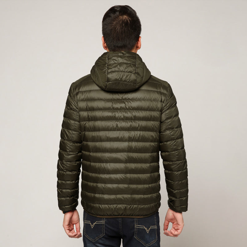 Men's navy packable down hoodie jacket ultra-lightweight water-resistant travel ready all-season layer