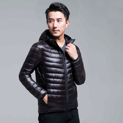 Men's lightweight packable down hoodie jacket, water-resistant, ultra-compact travel-ready layer