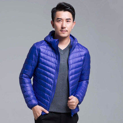 Men's black packable down hoodie jacket ultra-lightweight water-resistant all-season travel layer