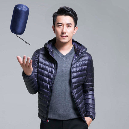 Men's navy packable down hoodie jacket ultra-lightweight water-resistant travel-ready all-season layer
