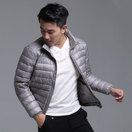 Men's navy packable down hoodie jacket ultra-lightweight water-resistant travel-ready all-season layer
