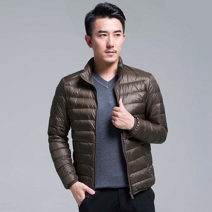 Men's black packable down hoodie jacket ultra-lightweight water-resistant all-season travel layer
