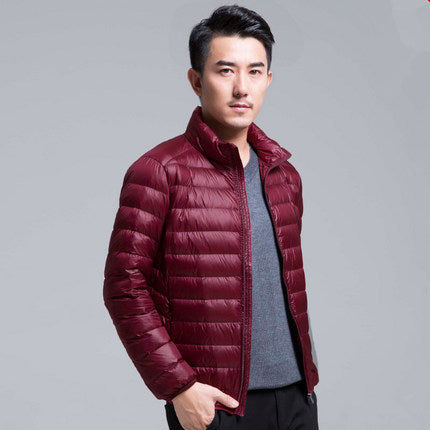 Men's black packable down hoodie jacket ultra-lightweight water-resistant all-season travel layer