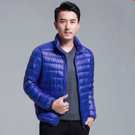 Men's navy blue packable down hoodie jacket ultra-lightweight water-resistant travel-ready layer