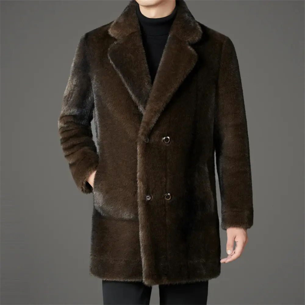 Women's ivory faux fur single-breasted winter coat with bold lapel, luxurious plush texture