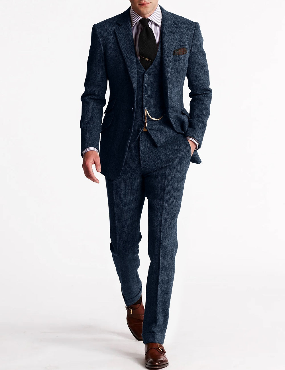 Men's slim fit three-piece suit in classic navy, tailored cut with matching waistcoat for professionals