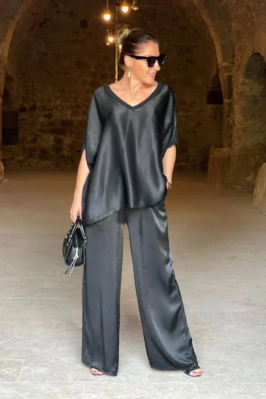 Women's satin two-piece set silk-look fabric luxurious matching top and bottoms elegant style