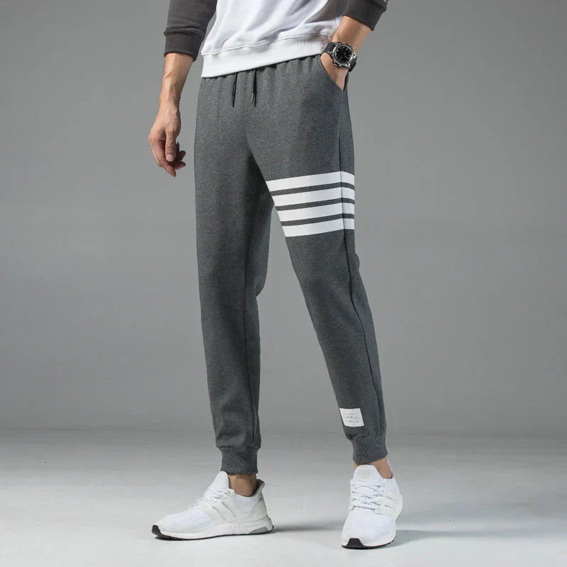 Men's gray striped cotton blend jogger sweatpants with adjustable drawstring waist, athletic modern fit