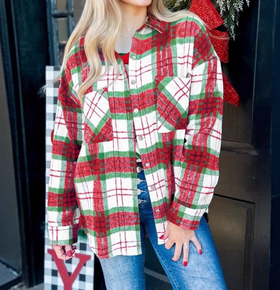 Men women red green plaid woolen jacket shirt festive Christmas cozy layering piece premium quality
