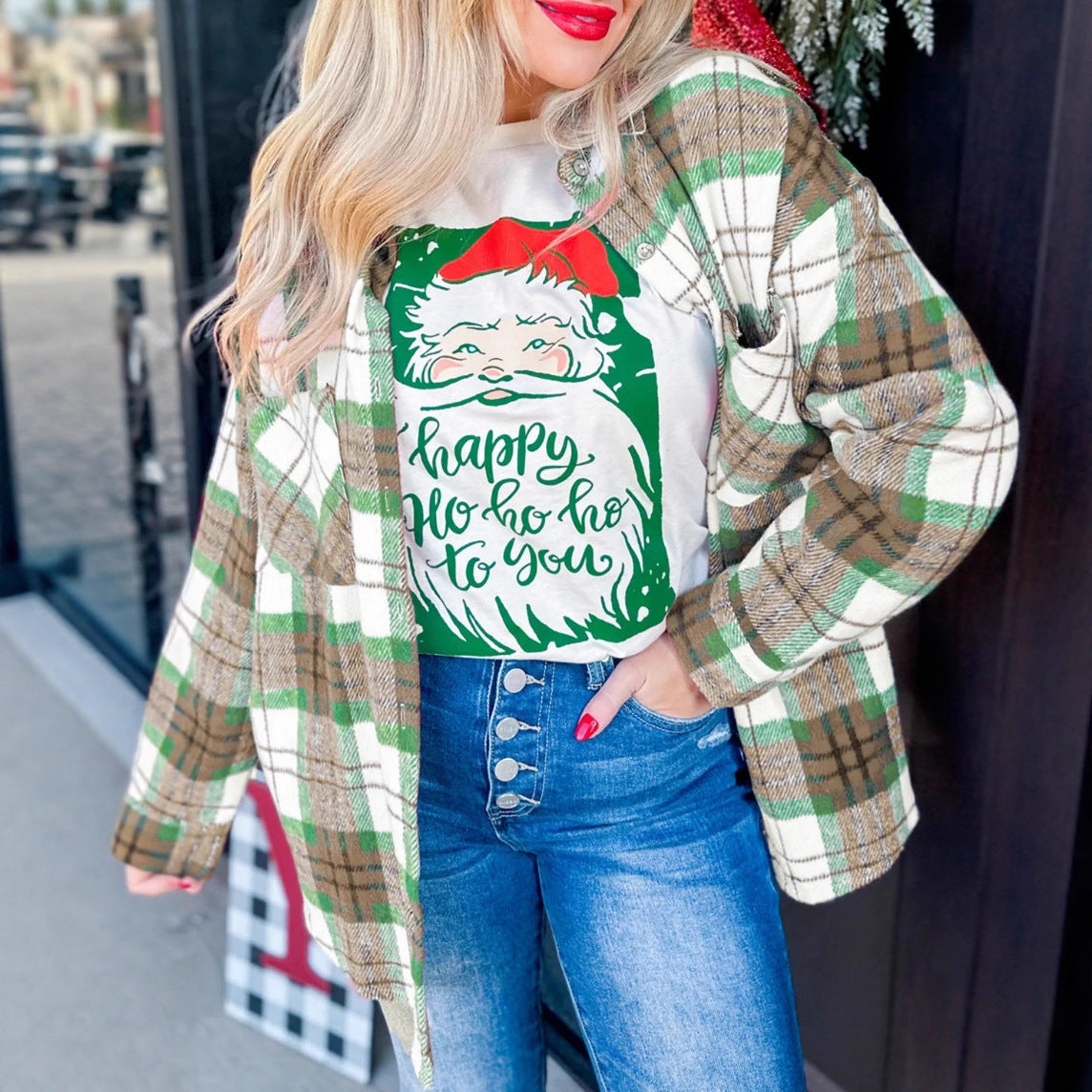 Men women red green plaid woolen jacket shirt festive Christmas cozy layering hybrid design