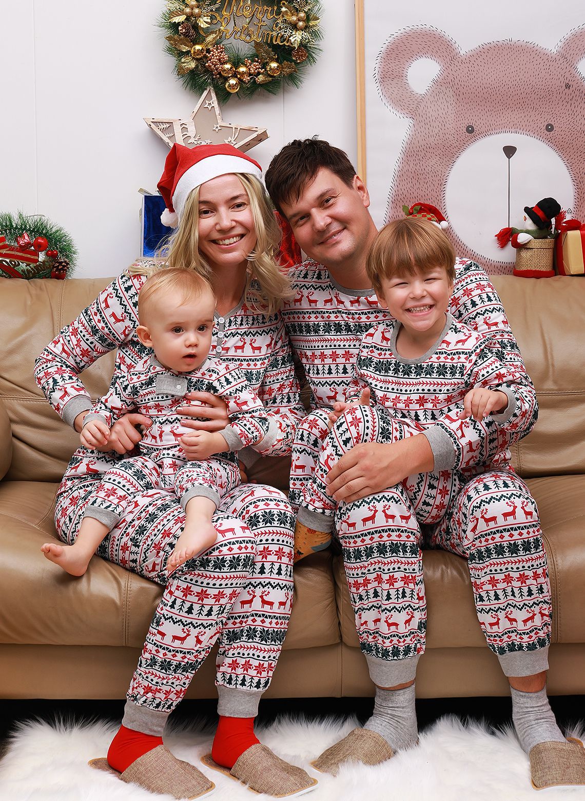 Green snowflake print family matching Christmas pajamas set coordinated holiday sleepwear for parents and kids