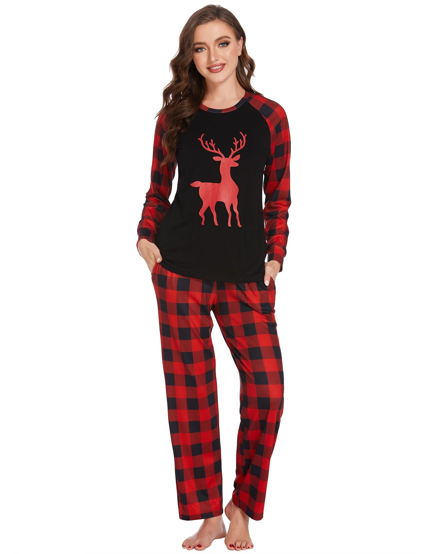 Red green Christmas print adult pajama set cozy holiday sleepwear matching top and pants