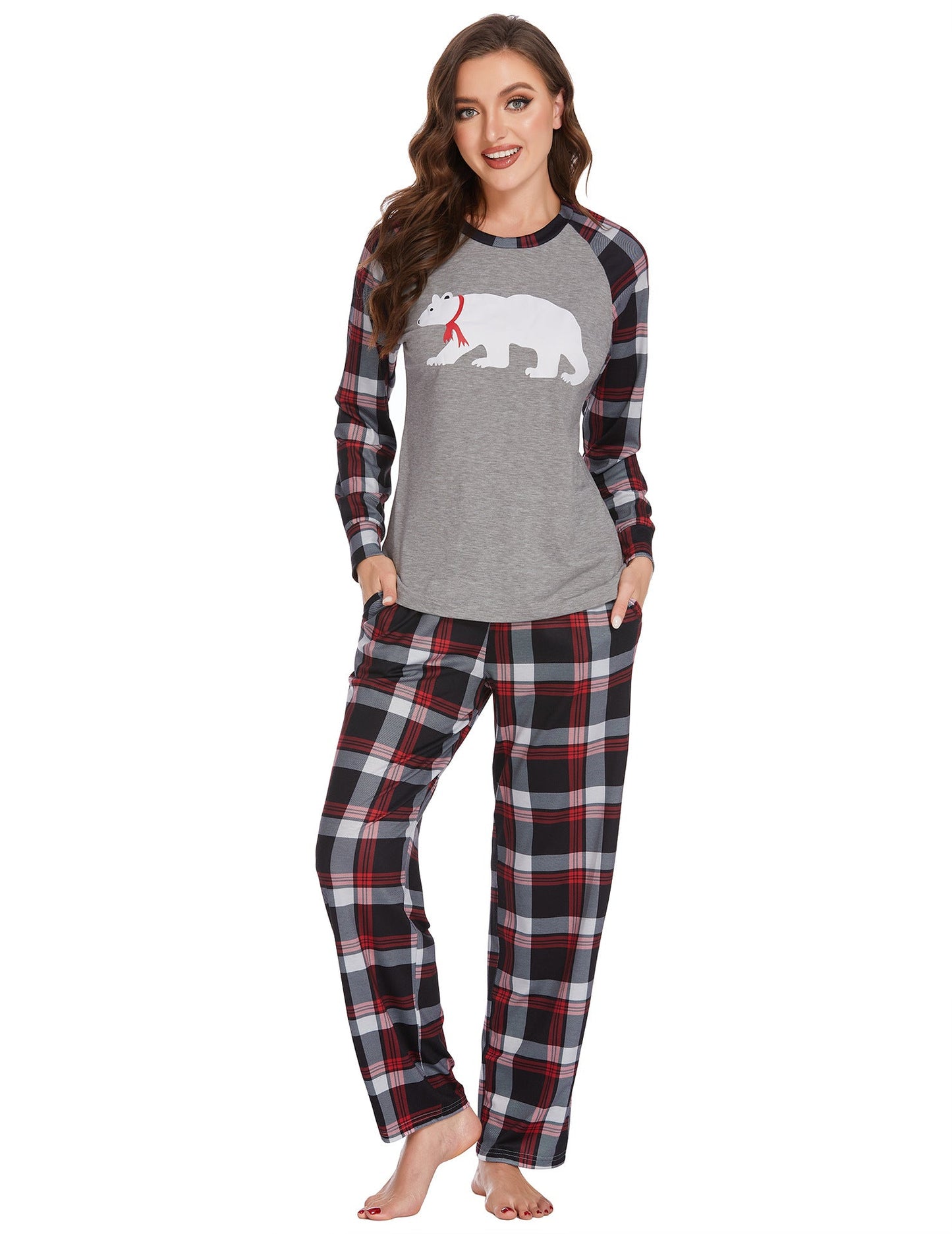 Adult Christmas print pajama set, festive holiday sleepwear with cozy matching suit silhouette