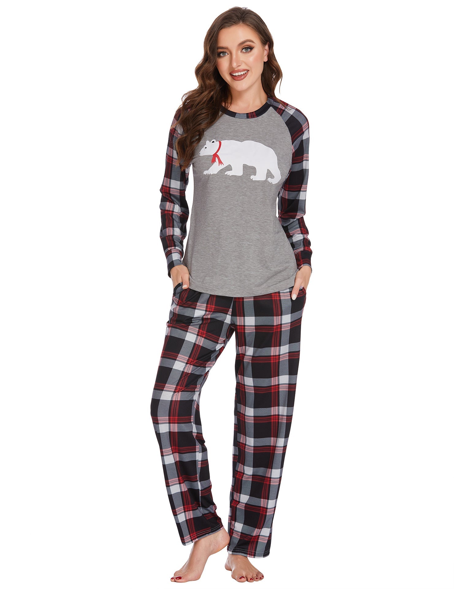 Adult Christmas print pajama set, festive holiday sleepwear with cozy matching suit silhouette