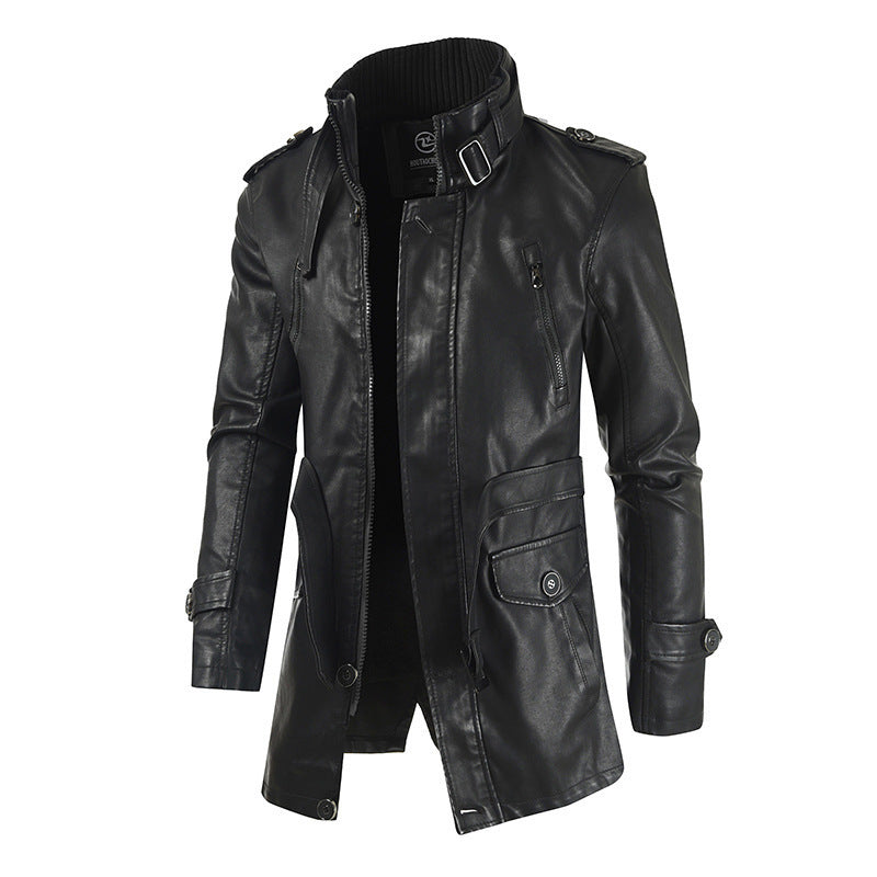 Men's mid-length black thickened leather jacket warm insulated outerwear with streamlined silhouette