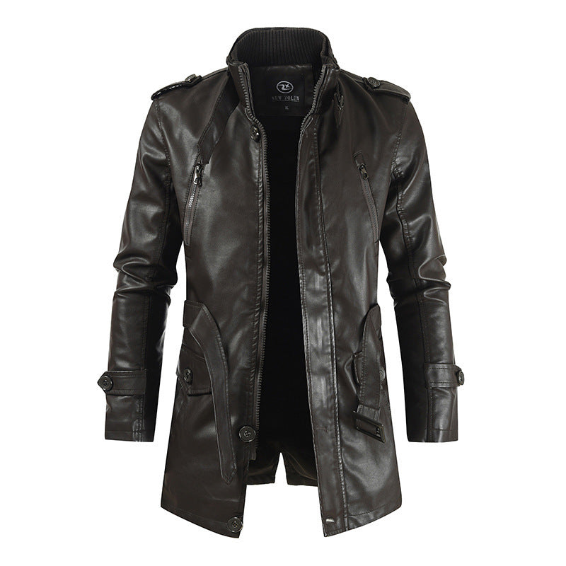 Men's mid-length black thickened leather jacket warm insulated outerwear with streamlined silhouette