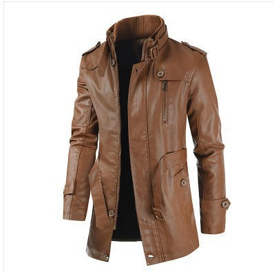 Men's mid-length black thickened leather jacket warm insulated outerwear with streamlined silhouette