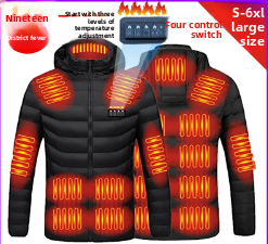 Black heated cotton padded jacket with stand collar, hood, and built-in multi-zone heating panels