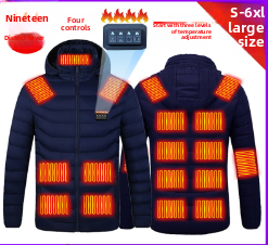 Black heated cotton padded jacket with stand collar, hood, and built-in multi-zone heating panels