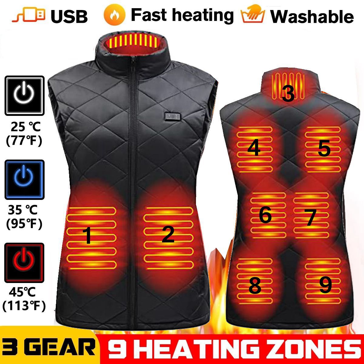 Women's heated vest with USB-powered adjustable heat zones, sleek slim-fit design for winter warmth