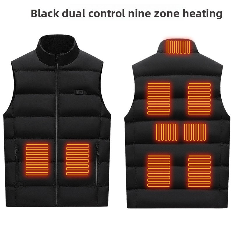 Navy heated puffer vest with app-controlled adjustable temperature zones, lightweight slim fit