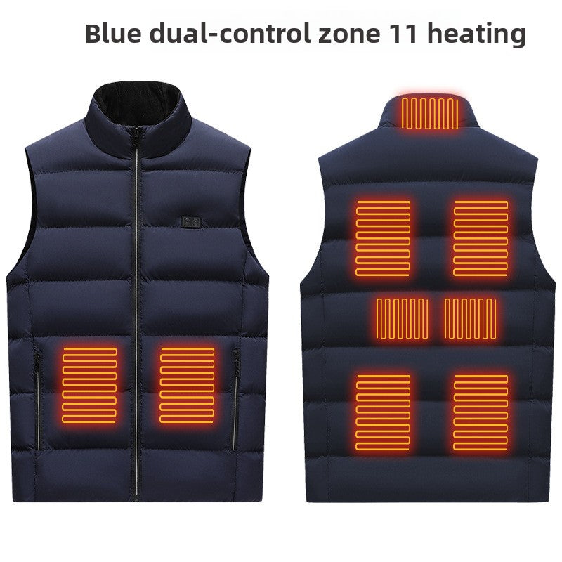 Navy heated puffer vest with app-controlled adjustable temperature zones for outdoor use