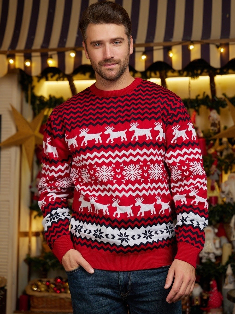 Festive red knit Christmas couple long sleeve sweater with holiday motif, unisex cozy fit