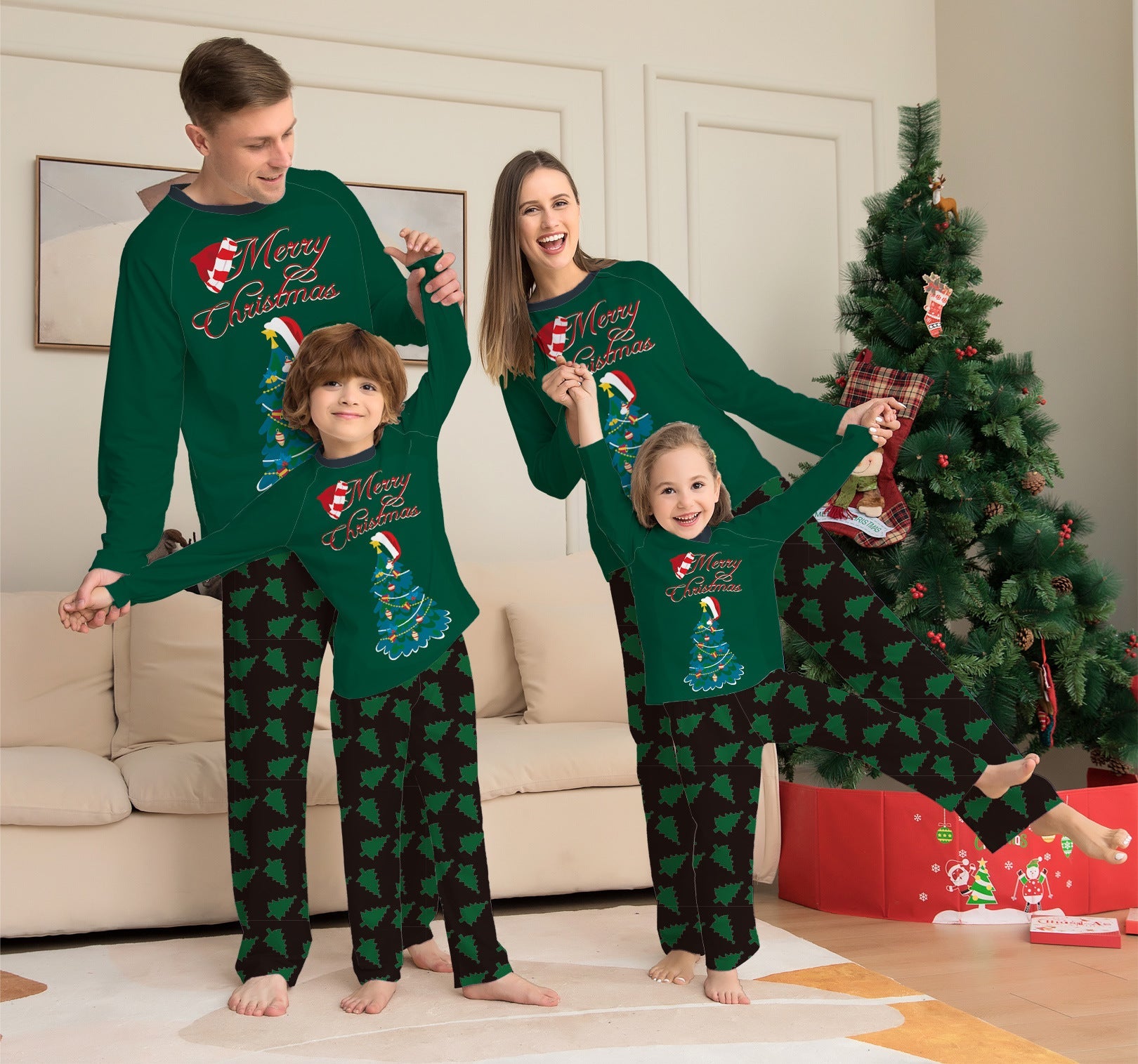 Green family matching Christmas pajamas set with festive tree print, cozy holiday photo-ready fit