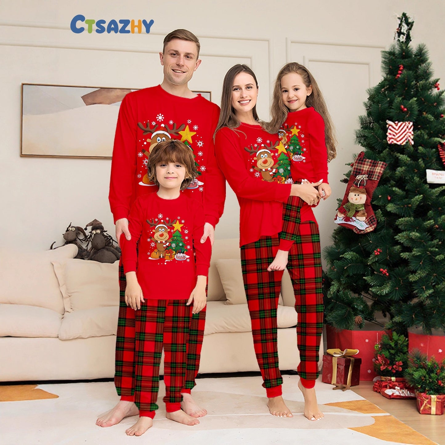 Family matching Christmas pajama set red reindeer print tops red green plaid pants festive holiday lounge