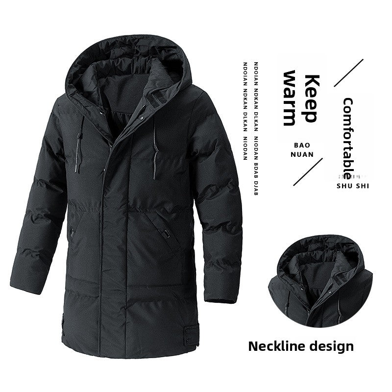 Men's long thermal-lined winter coat, classic tailored silhouette in neutral tone for cold weather