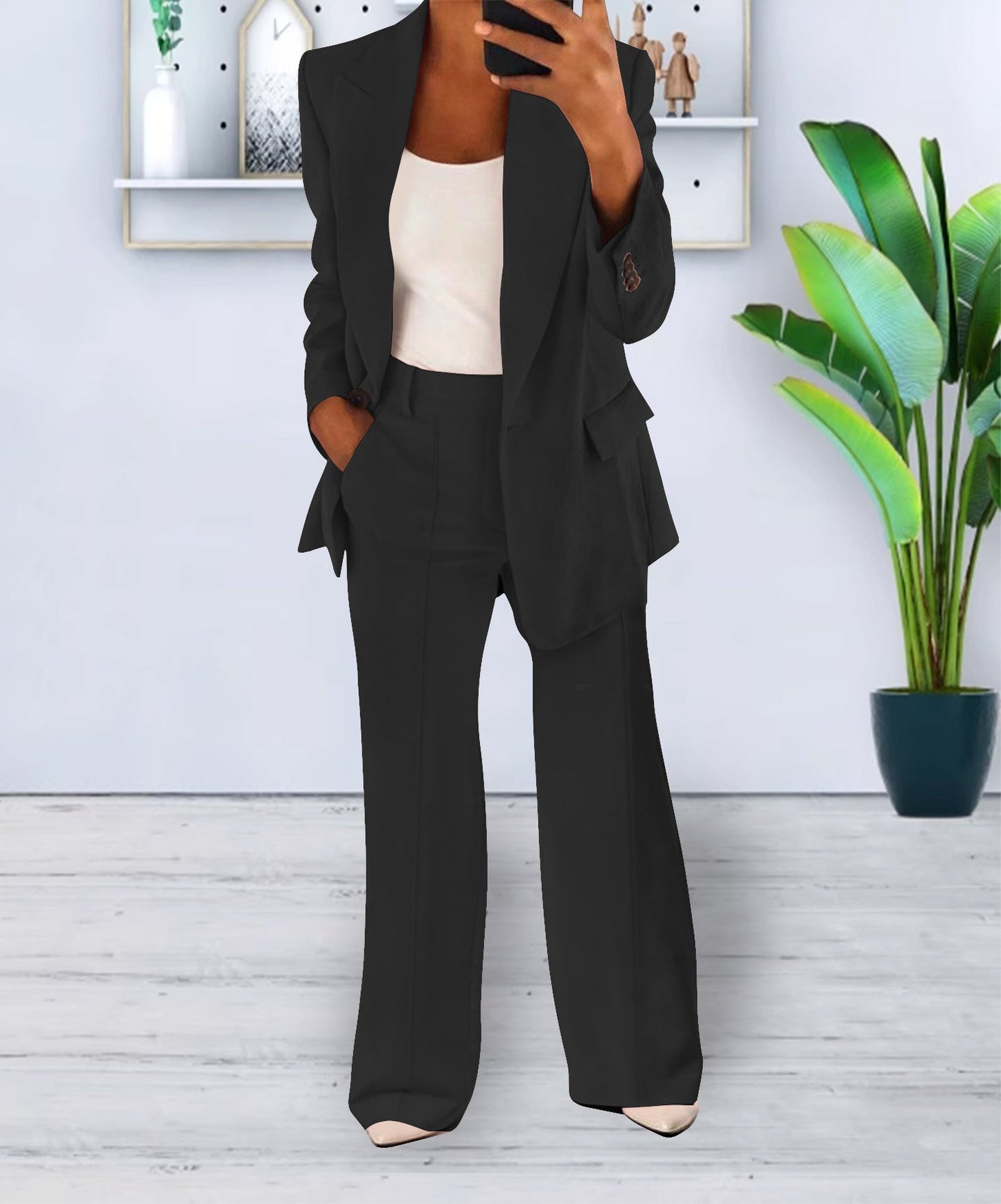Navy blue women's slim-fit business blazer with single button front closure for office wear