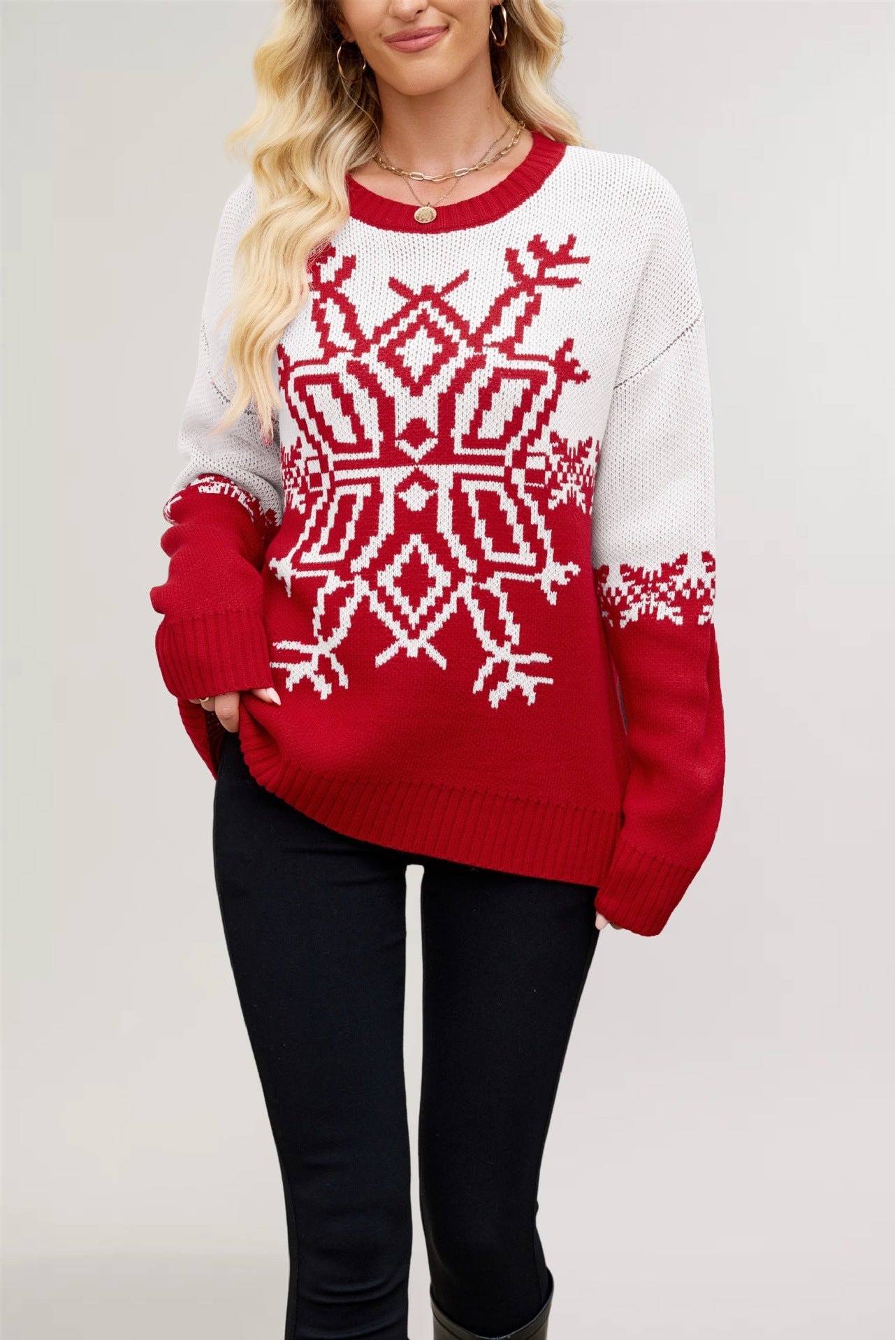 Women's festive Christmas knit sweater, cozy holiday pattern, warm soft winter pullover top