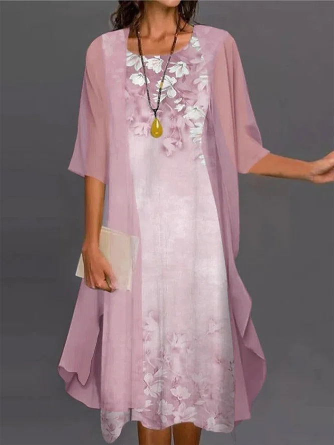 Elegant mother of bride floor-length lace bodice chiffon evening gown with 3/4 sleeves formal dress