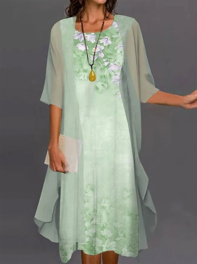 Elegant mother of bride floor-length lace chiffon evening gown with 3/4 sleeves formal dress