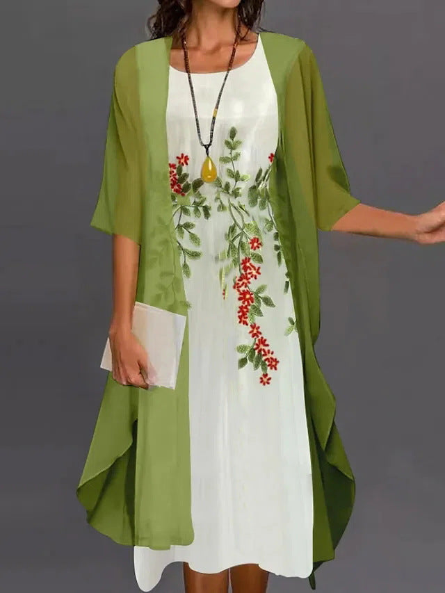 Elegant mother of bride floor-length lace chiffon evening gown with 3/4 sleeves formal dress