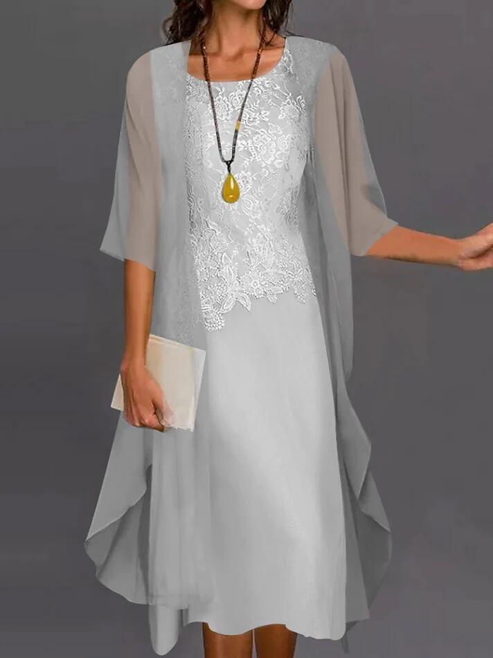 Elegant mother of the bride lace bodice chiffon evening gown formal floor-length wedding dress