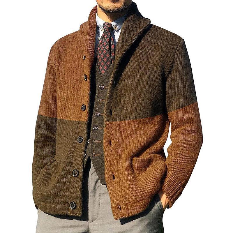Men's relaxed knit cardigan with rolled shawl collar, button front, and patch pockets for modern style