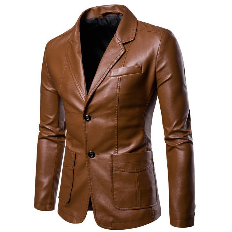 Men's cognac brown lambskin leather blazer notch lapels button cuffs slim tailored fit ultra-soft