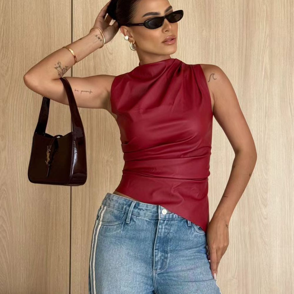 Black faux leather sleeveless mock neck tank top with cinched waist detail, edgy casual style