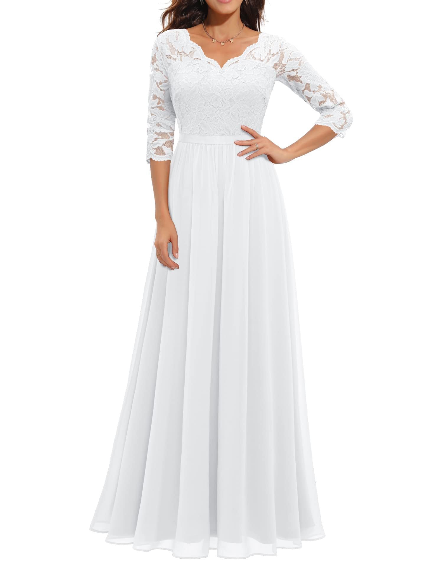 Elegant women's maxi dress in lace-stitching detail, flattering fit with intricate floor-length romantic silhouette