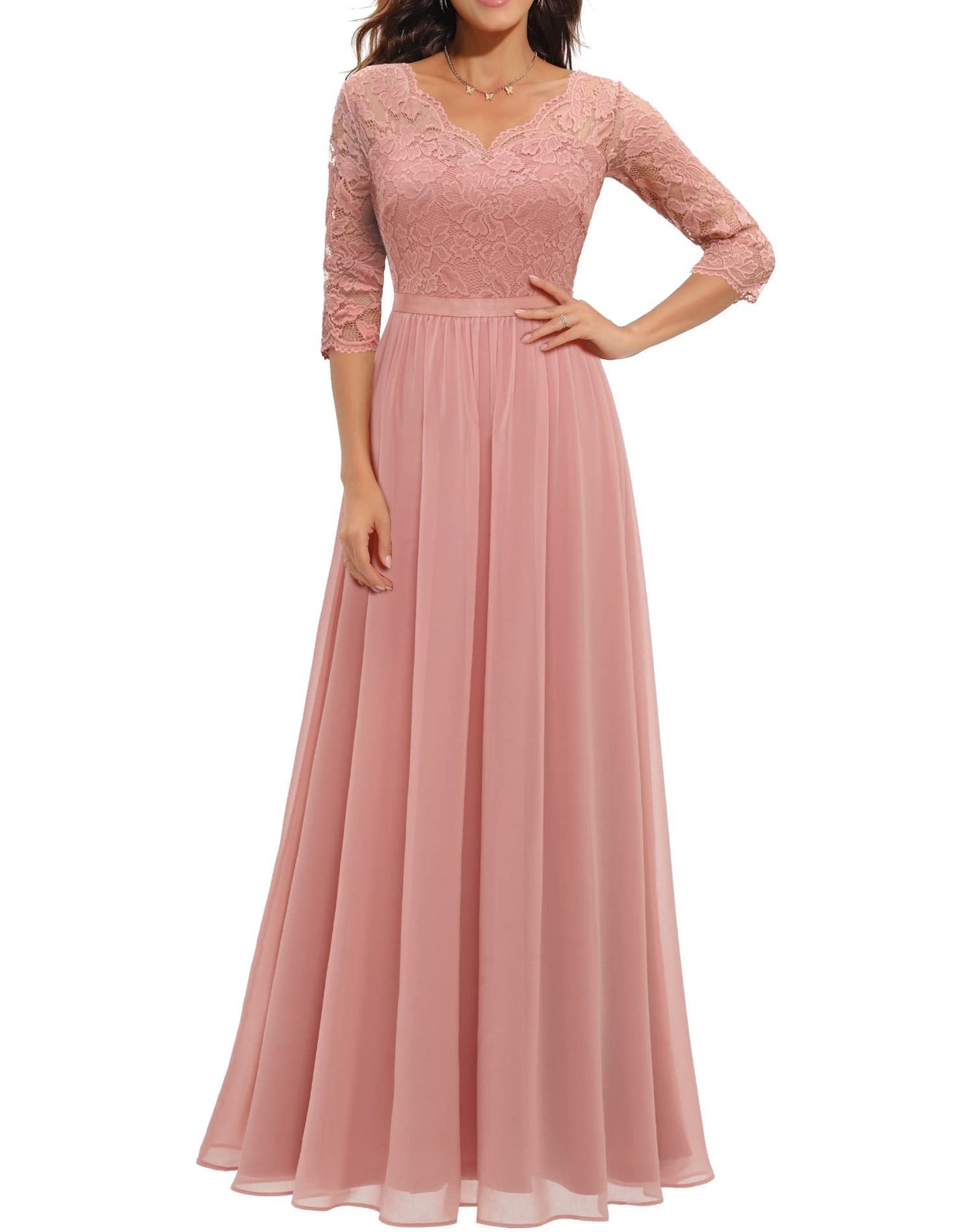 Women's elegant maxi dress in floral lace stitching detailing, flattering fit, floor-length romantic silhouette