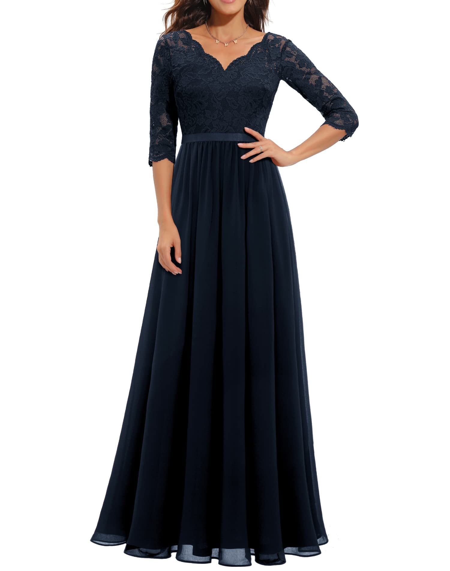 Elegant women's maxi dress in lace-stitching detail, flattering fit with intricate floor-length romantic silhouette