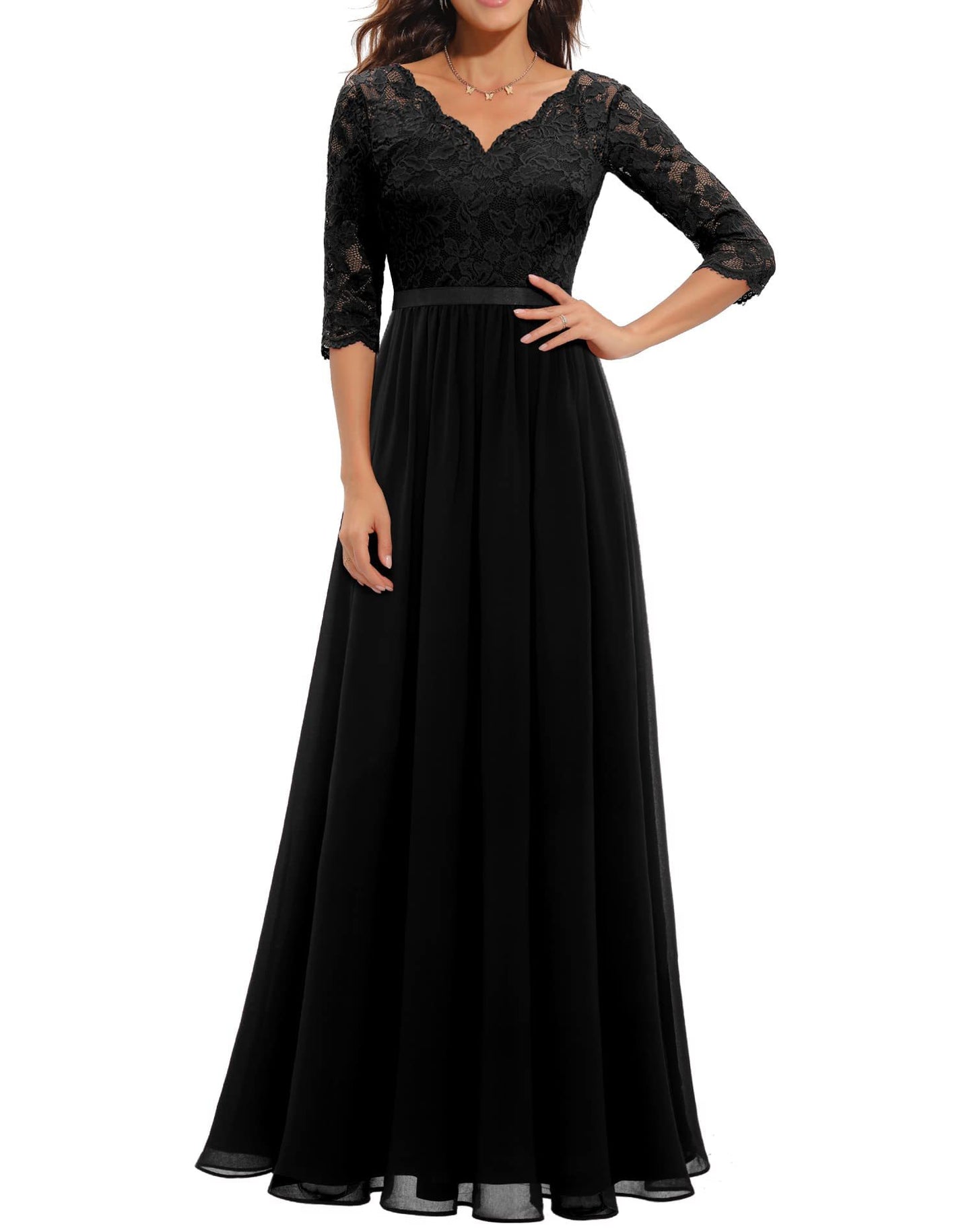 Elegant women's maxi dress in lace-stitching detail, flattering fit with intricate floor-length romantic silhouette