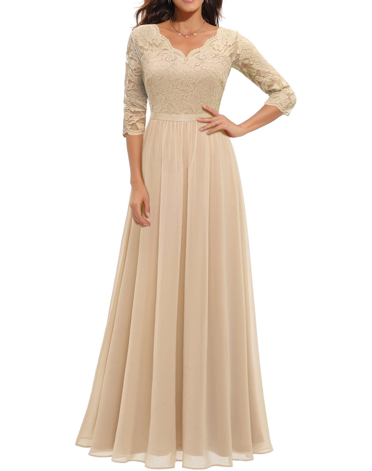Women's elegant maxi dress in lace-stitching detail, flattering silhouette with intricate floral lace trim