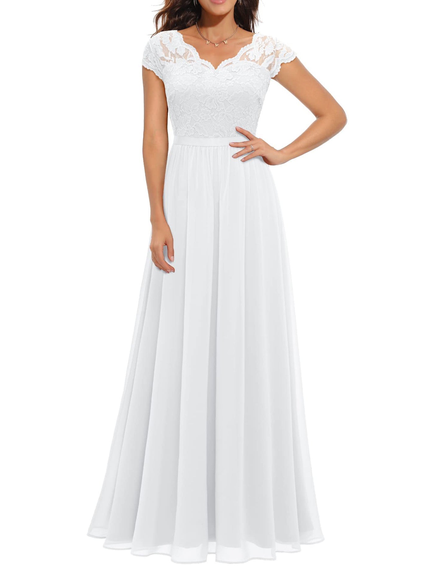 Elegant women's maxi dress in lace stitching detail, flattering fit with romantic floor-length silhouette